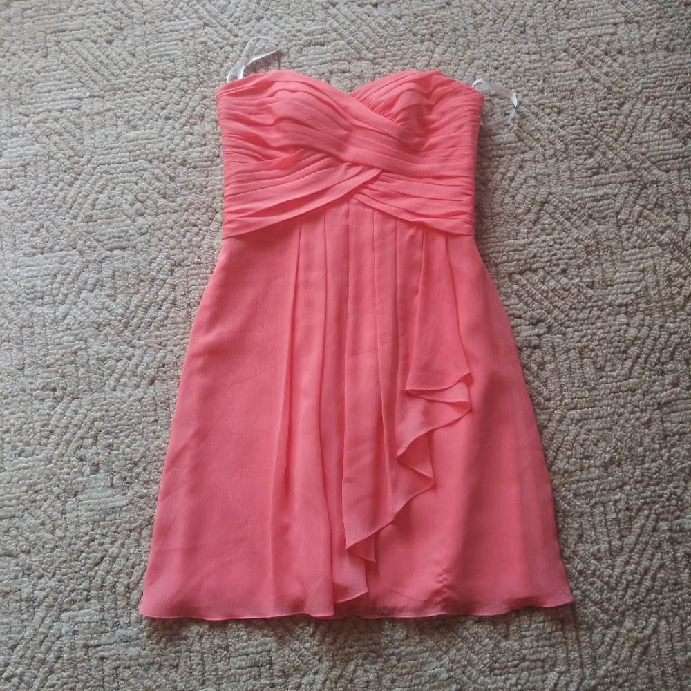 LAST CALL Davids Bridal F14847 Short Coral Dress w/ Cascade